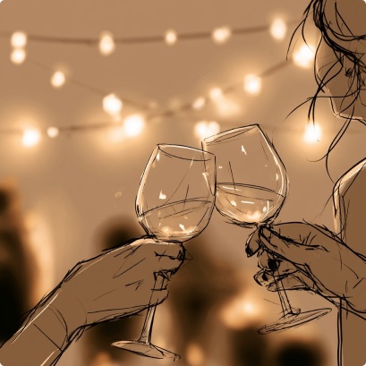 Storyboard sketch: Iconic evening at Icon &mdash; glasses, string lights, laughter.