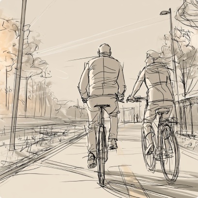 Storyboard sketch: Her run cuts to the couple on bikes &mdash; the Monon and Main St.