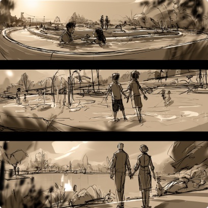 Storyboard sketch: Monon Community Center and Waterpark &mdash; walking, relaxing, playing in the water.