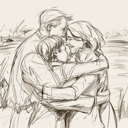 Storyboard sketch: older couple hugging a grandchild near the splash pad