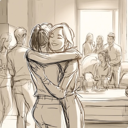 Storyboard sketch: A friend arrives &mdash; the hug at the door of an intimate gathering.