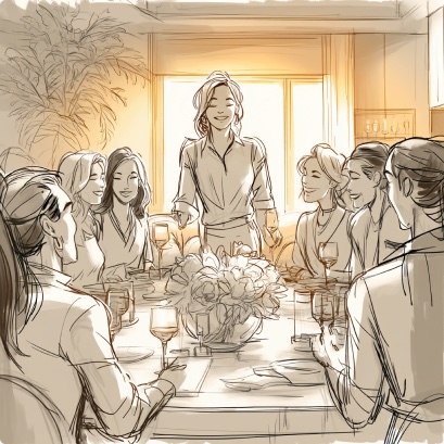 Storyboard sketch: She takes her seat &mdash; dinner with friends.