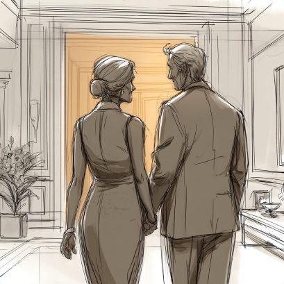 Storyboard sketch: Down the hallway, out to their reservation.