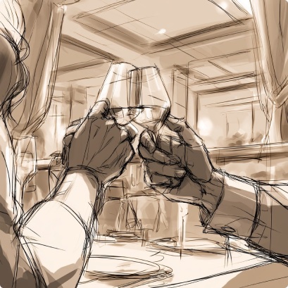 Storyboard sketch: The couple&rsquo;s toast at the restaurant.
