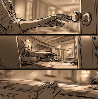 Storyboard sketch: Design details in convergence &mdash; knob, counter, drawer.