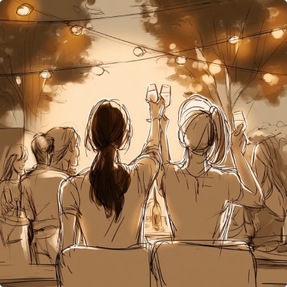 Storyboard sketch: nightcap toast under string lights