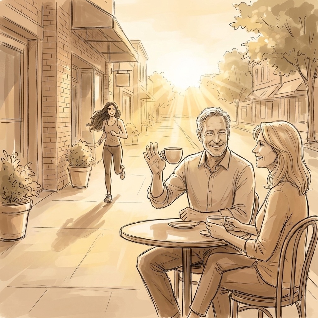Storyboard sketch: the couple's morning coffee as Brielle runs by