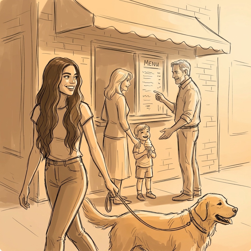 Storyboard sketch: the couple orders custard with the grandkid as Brielle walks her dog past