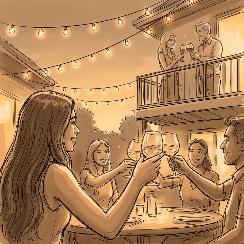 Storyboard sketch: Brielle's table toast with friends, pan to the couple's balcony cheers
