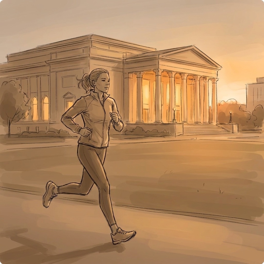 Storyboard sketch: The lone runner crossing Carter Green at sunrise