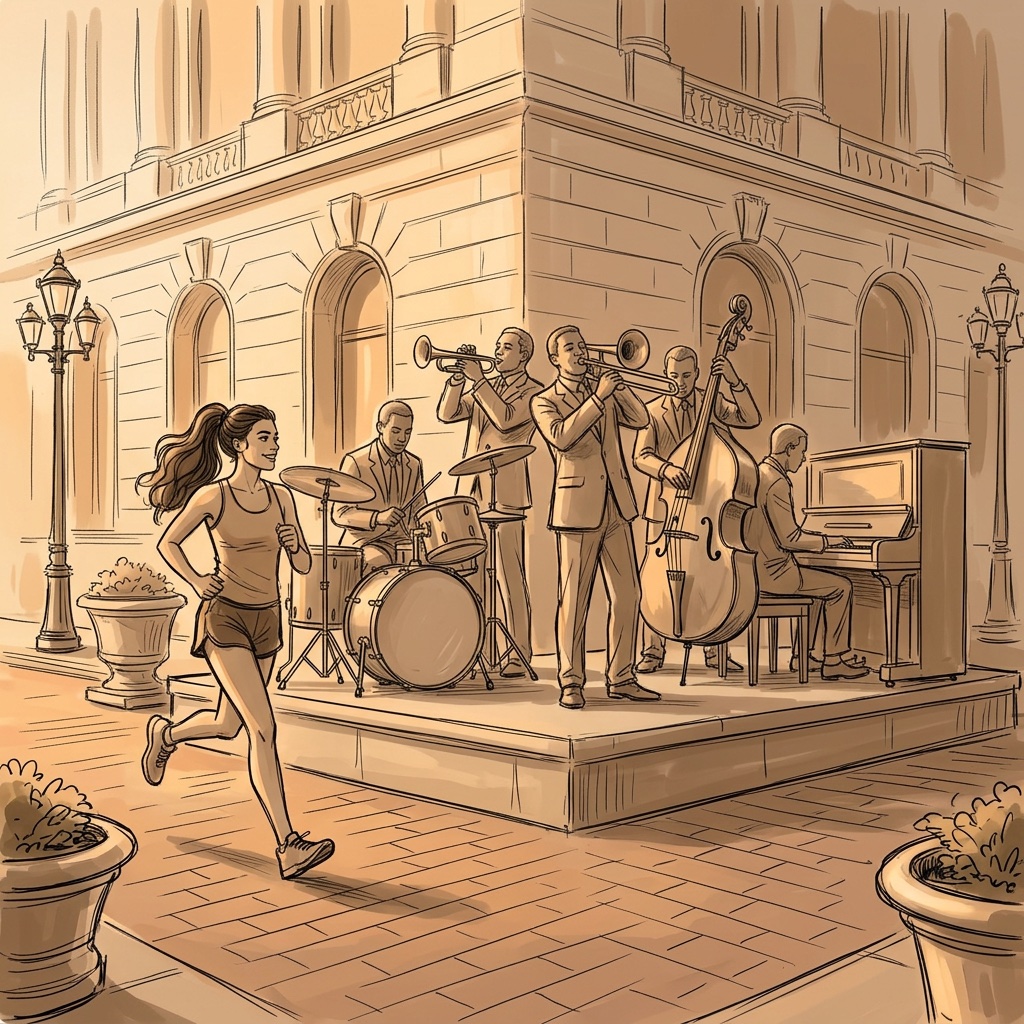 Storyboard sketch: The jazz band statues at the Palladium corner