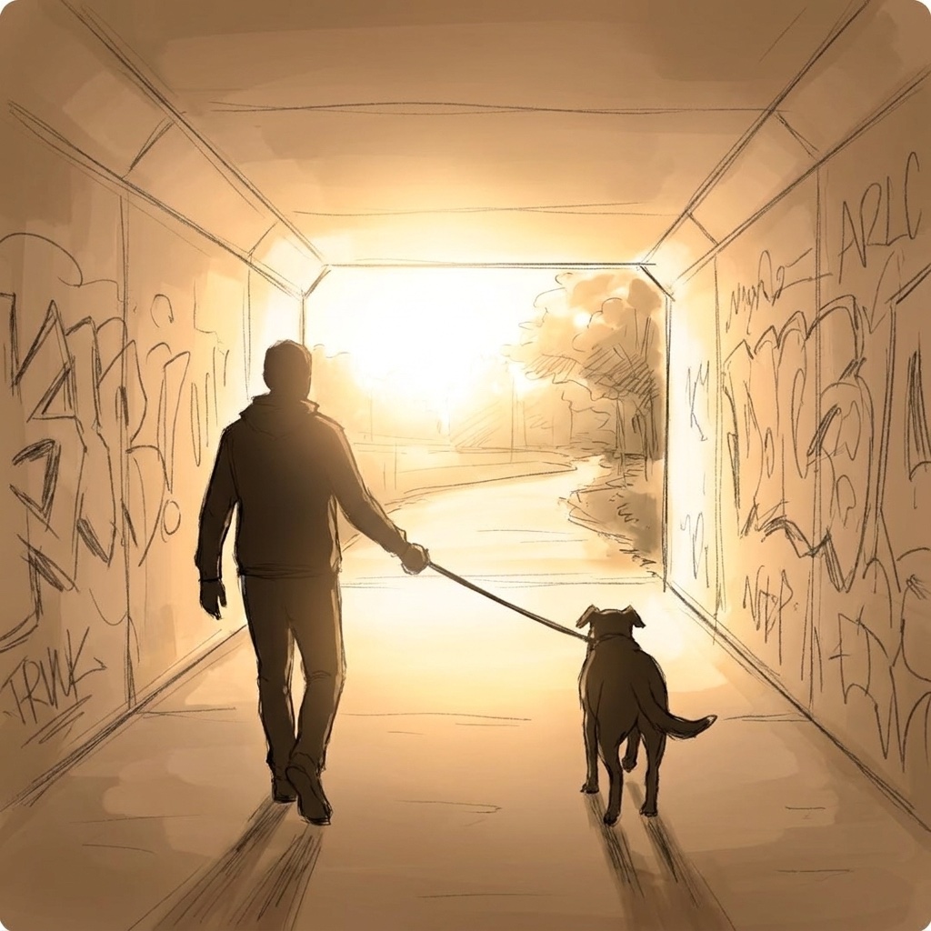 Storyboard sketch: Silhouette through the painted tunnel