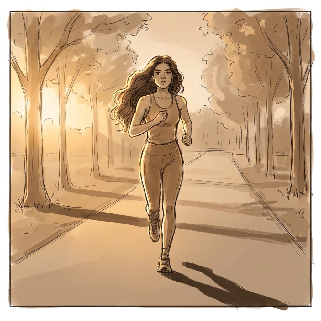 Storyboard sketch: Rim-lit run pass down the trail