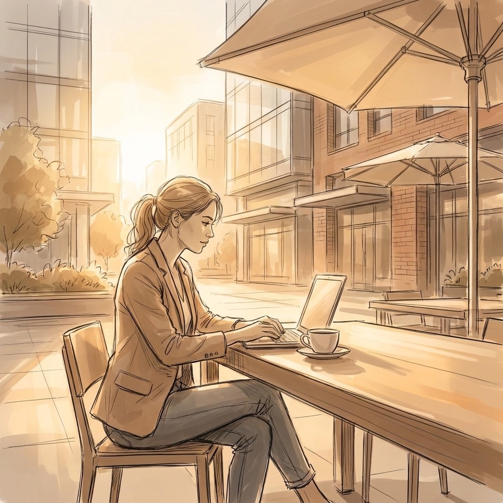 Storyboard sketch: Laptop and coffee at the community table