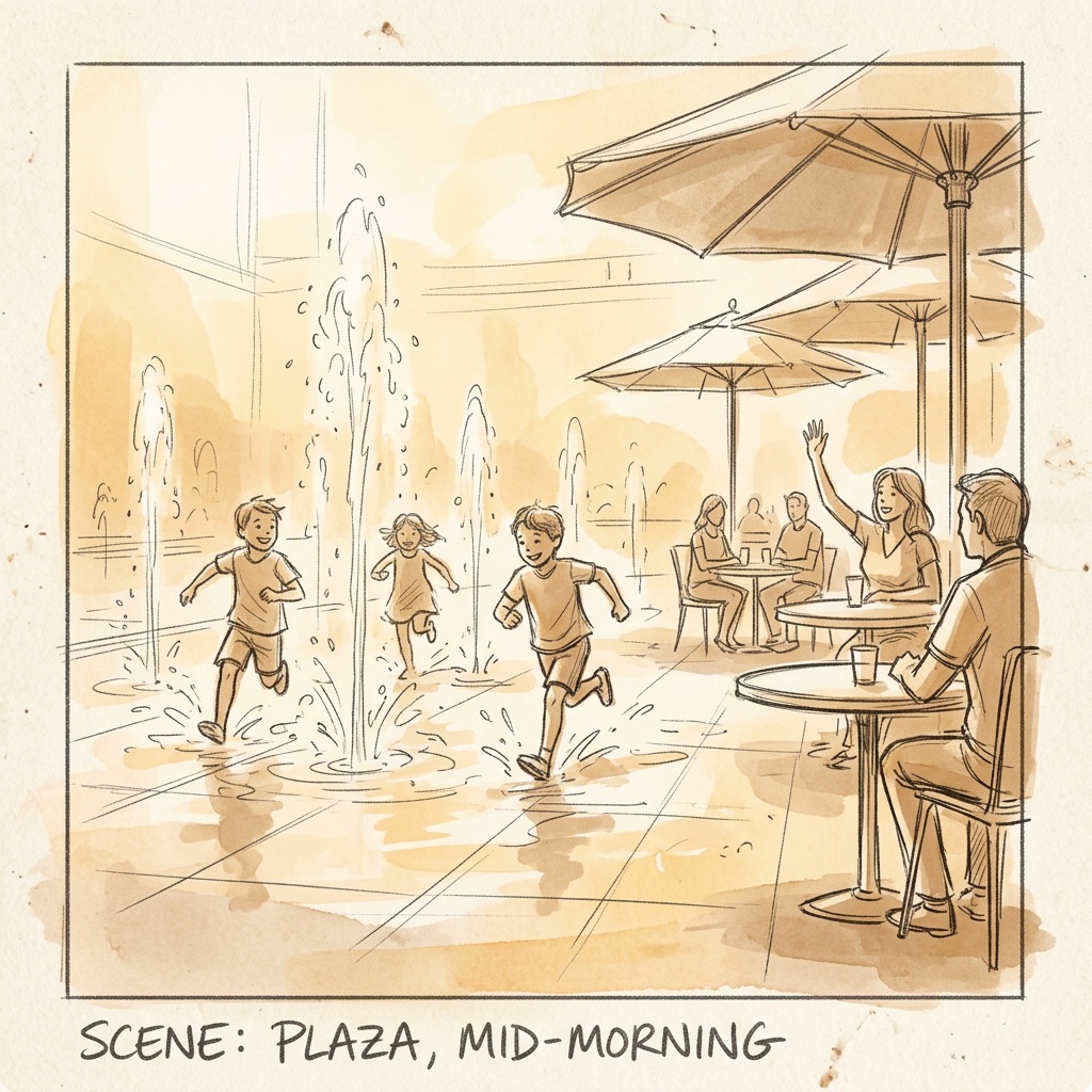 Storyboard sketch: Kids running the spray plaza
