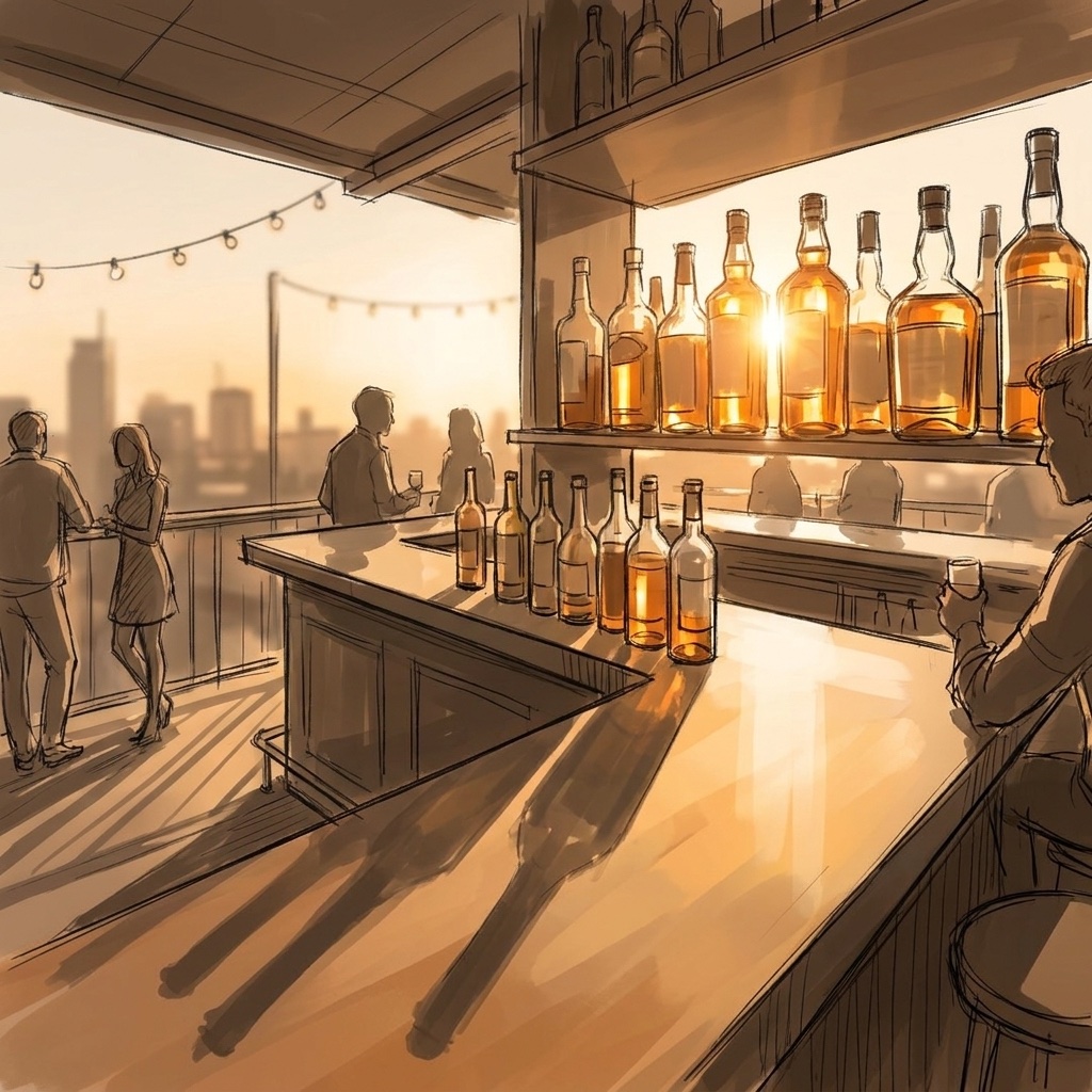 Storyboard sketch: Bottles backlit at golden hour