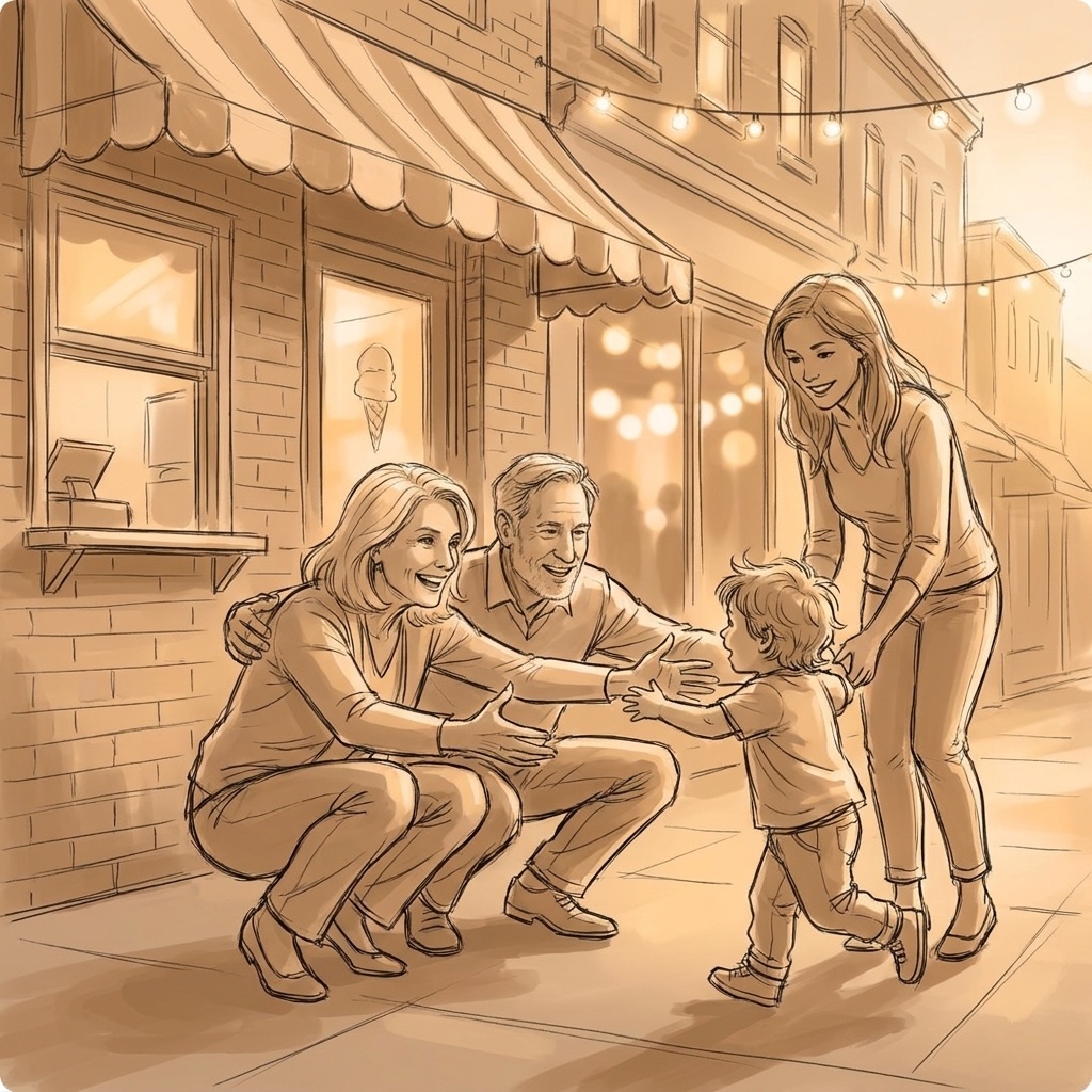 Storyboard sketch: the grandparents embrace the grandchild in front of Rita's as the daughter arrives
